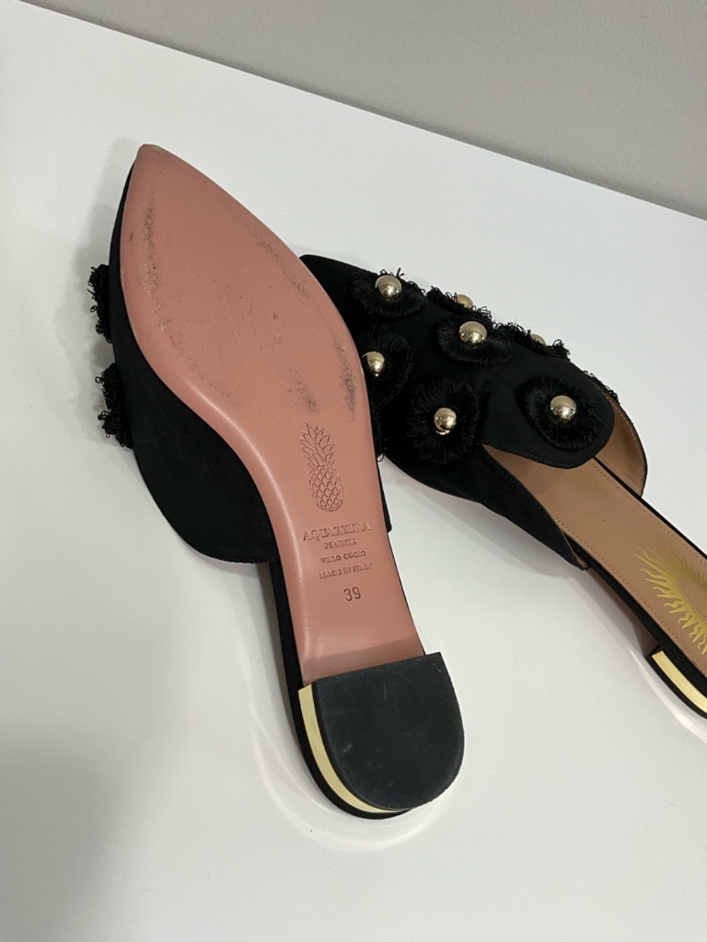 Aquazzura Sunflower Mules Black Canvas Gold Stud Embellished Slide Flats Size 39 - Picture 5 of 5